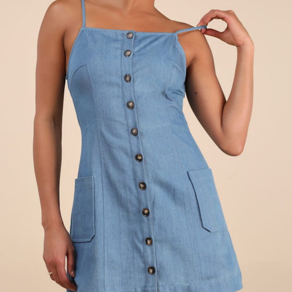 Lulus Honora Medium Wash Denim Button-front Mini Dress Blue - Size XS